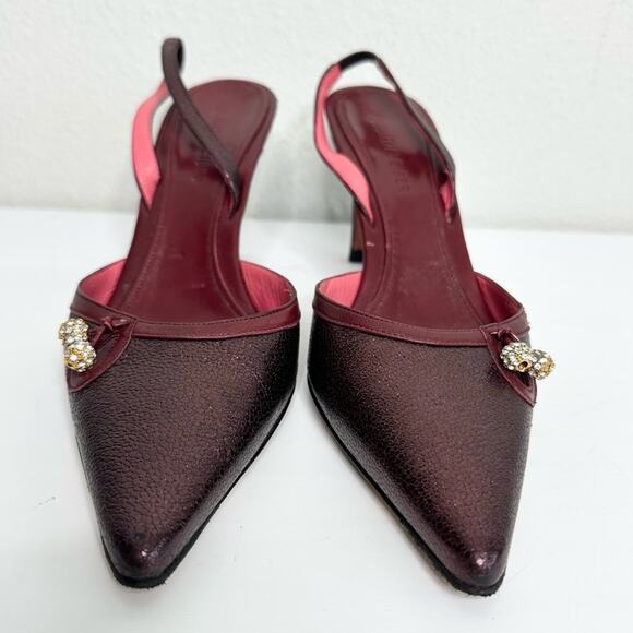 Judith Leiber Burgundy Leather Slingback Heels with Crystal Balls Size 9.5 - Picture 2 of 8
